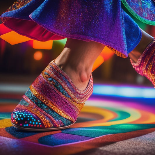 A dynamic, close-up image of a dancer's feet and legs in vibrant, bold shoes, surrounded by swirling patterns of colorful lights and shadows, capturing the energetic motion of Latin dance.