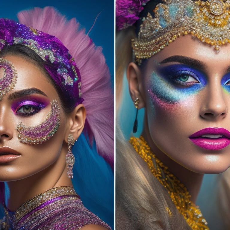 A split-screen image: on one side, a dancer with minimal makeup, and on the other, the same dancer with a vibrant, elaborate design, with digital makeup brushes and palettes scattered around them.