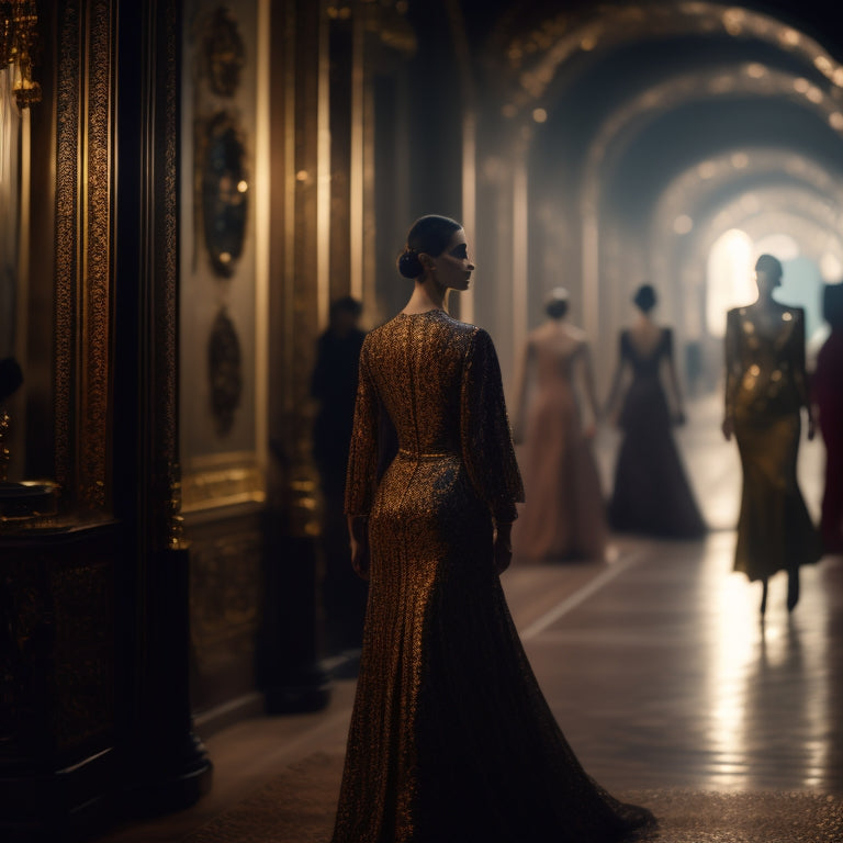 A dimly lit, smoky runway with a gleaming catwalk, surrounded by ornate golden mirrors, with a hint of Art Deco patterns, and a blur of colorful, flowing dresses in the background.