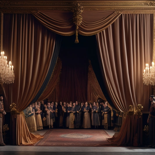 A grand, ornate theater curtain drawn open, revealing a bustling university hallway with students rehearsing, script pages scattered, and drama masks adorning the walls.
