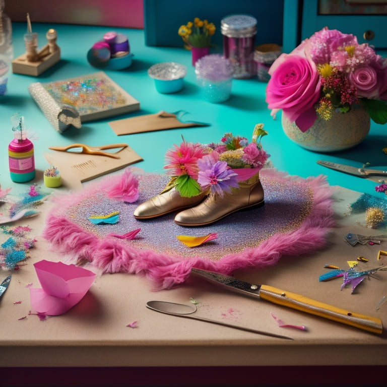 A whimsical illustration featuring a ballet-themed craft station: a wooden desk cluttered with colorful paper cutouts of ballet shoes, tutus, and flowers, surrounded by scissors, glue, and glitter.