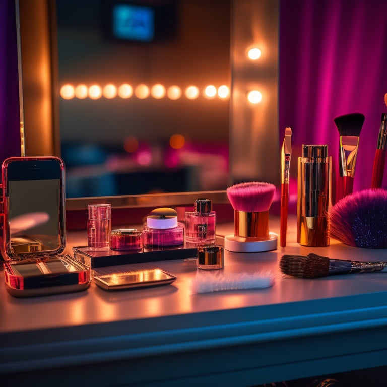 A glamorous, dimly lit vanity table with multiple makeup brushes, palettes, and products scattered across it, surrounded by various smartphones displaying TikTok screens with beauty tutorials.