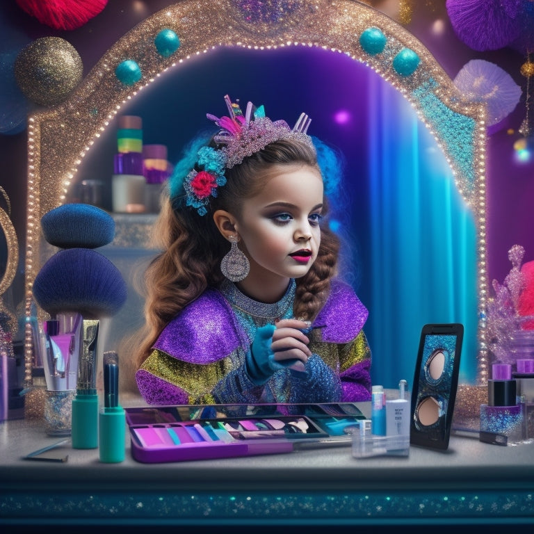 A colorful, whimsical illustration of a young girl in front of a vanity, surrounded by makeup brushes, glitter, and mirror, with a tablet or smartphone displaying a dance-inspired makeup tutorial.