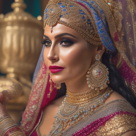 A vibrant, ornate belly dance costume with intricate beading, flowing silk fabrics, and a glittering headpiece, set against a warm, golden background with subtle Middle Eastern patterns.