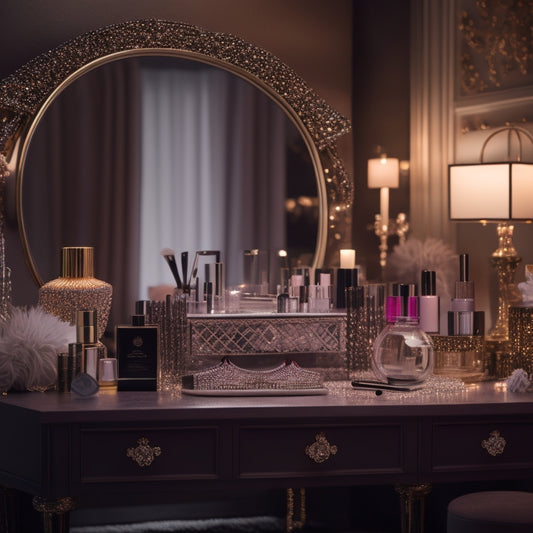 A glamorous, dimly lit vanity setup with a mix of sleek, modern makeup products and antique-inspired decorative accents, surrounded by scattered rhinestones and a few strategically placed dance shoes.