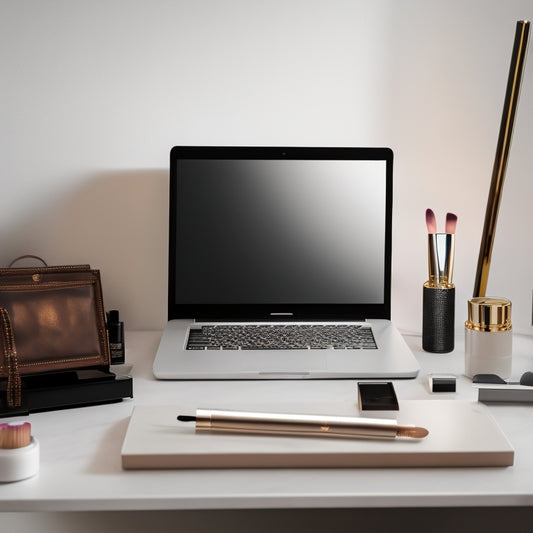 A clean, minimalist makeup station with a laptop and tablet in the center, surrounded by sanitized makeup brushes, palettes, and products, with a subtle sparkle effect on the digital devices.