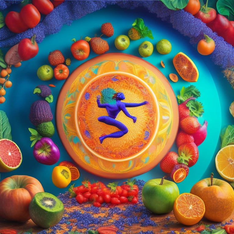 A vibrant, stylized illustration featuring a dancing figure surrounded by swirling patterns of fruits, vegetables, and whole grains, with bursts of bright light and dynamic shapes evoking energy and movement.