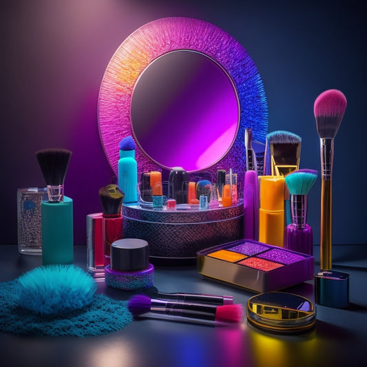 A vibrant stage makeup kit display featuring colorful palettes, brushes, sponges, false eyelashes, face paints, glitter pots, and setting sprays, all artfully arranged on a sleek vanity with a mirror reflecting dramatic lighting.