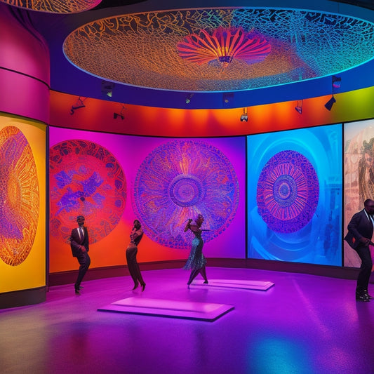 A vibrant, large-scale installation featuring silhouettes of African American dance pioneers, surrounded by swirling patterns of music notes, rhythmically arranged spotlights, and subtle hints of jazz-age flair.