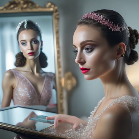 A serene ballet dancer in a studio, surrounded by mirrors and barres, holds a tablet with a virtual makeup tutorial on screen, while a subtle, shimmering spotlight highlights her face, awaiting transformation.