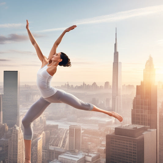 A serene, minimalist illustration depicting a flexible, athletic woman in her mid-30s, gently stretching her arms overhead, with a subtle, soft-focused cityscape in the background, surrounded by gentle, swirling movements.