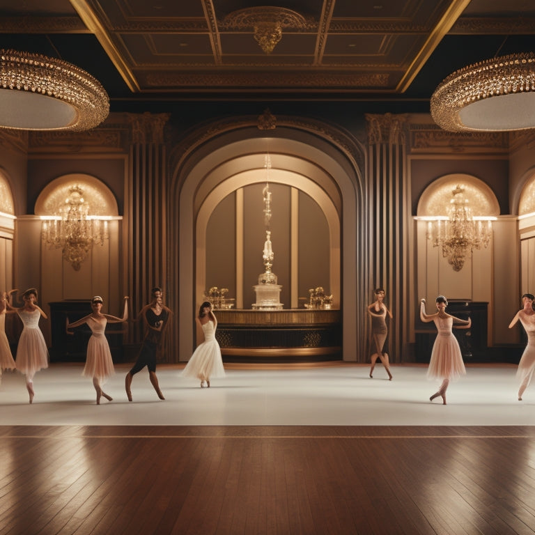 An elegant, minimalist illustration featuring a stylized, Art Deco-inspired dance studio with a polished wooden floor, ornate mirrors, and a few dancers in mid-pose, showcasing modern dance moves.