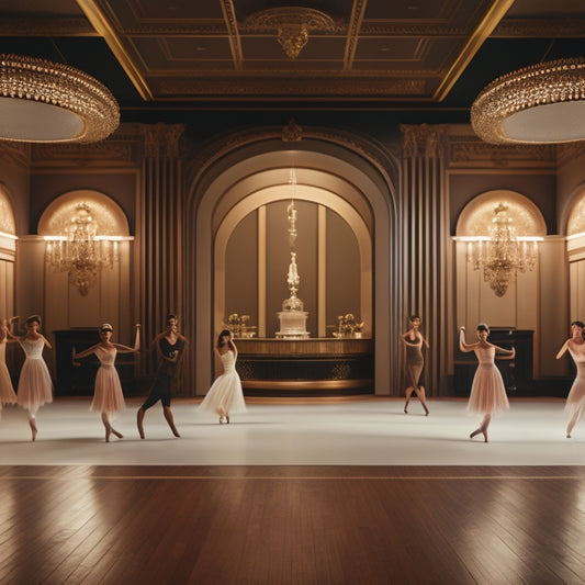 An elegant, minimalist illustration featuring a stylized, Art Deco-inspired dance studio with a polished wooden floor, ornate mirrors, and a few dancers in mid-pose, showcasing modern dance moves.