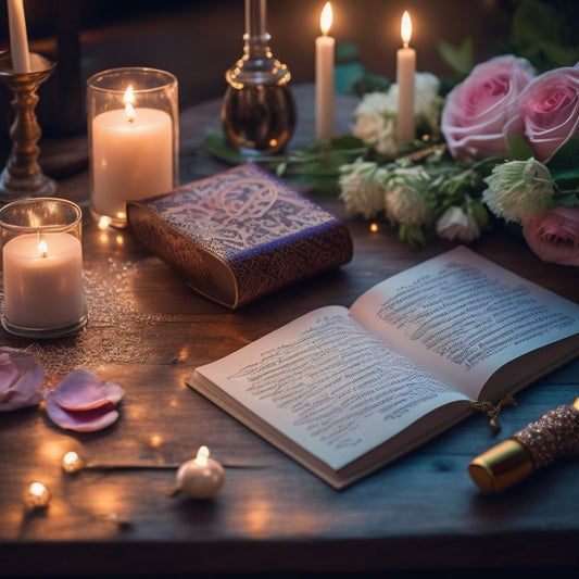 A delicate, lace-trimmed wedding planner lies open on a rustic wooden desk, surrounded by scattered rose petals, a pearl-encrusted pen, and a string of fairy lights.