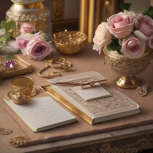 A serene, golden-lit scene featuring a whimsical, ornate wedding planner's desk, adorned with vintage floral patterns, scattered rose petals, and a delicate, bejeweled golden pen lying across a half-opened, lace-trimmed journal.