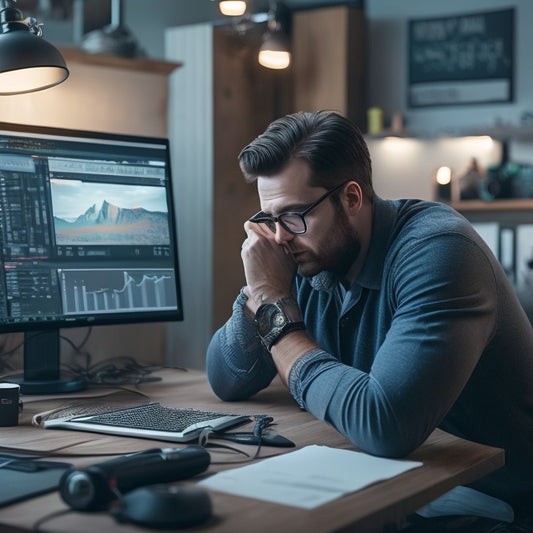 A frustrated content creator sitting in front of a desktop with a small, stagnant YouTube analytics graph on the screen, surrounded by scattered notes and abandoned camera equipment.