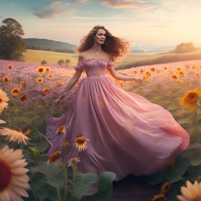 A whimsical illustration of a woman in a flowing, petal-pink dress, twirling amidst a lush, vibrant meadow of sunflowers, daisies, and wildflowers, with butterflies and petals swirling around her.