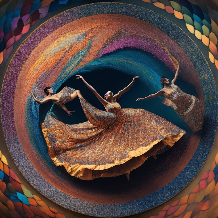 An intricate, swirling mosaic of dance-inspired patterns and shapes, blending vibrant colors and textures, with abstract representations of various dance styles, set against a dark, gradient background.