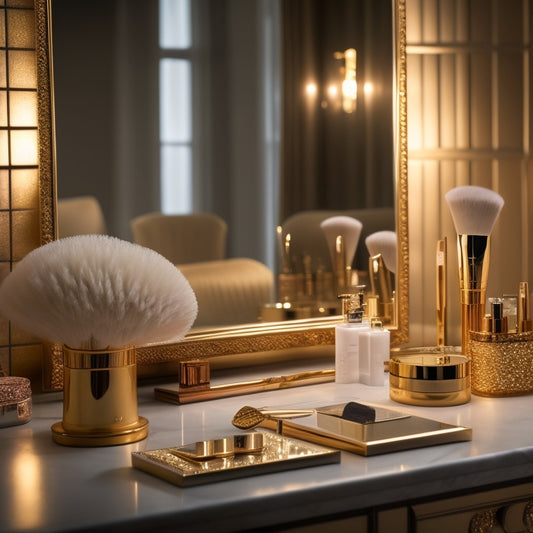 A golden vanity table with a lit mirror, surrounded by Reggie Wells' iconic makeup brushes, palettes, and products, with a subtle glow and soft focus, evoking a sense of nostalgia and reverence.