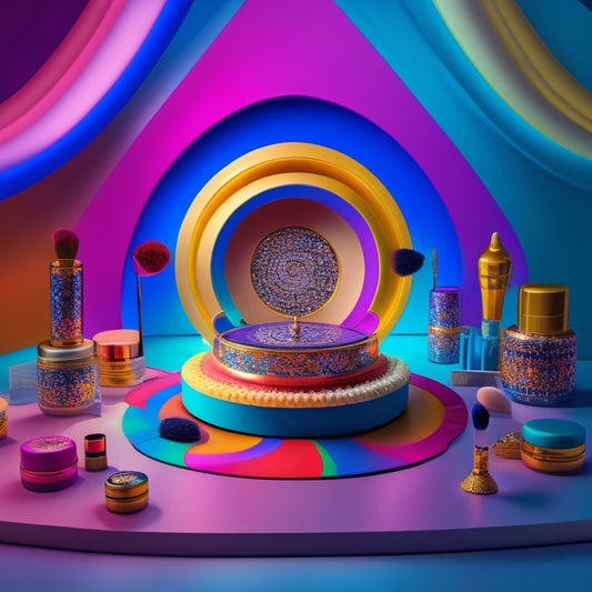 A colorful, abstract illustration featuring a miniature dance stage surrounded by makeup brushes, eyeshadow palettes, and spotlights, with swirling shapes and patterns resembling dance movements.