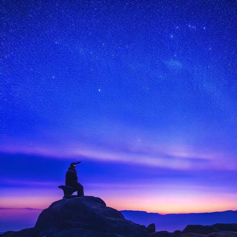 A starry night sky with a subtle, shimmering aurora borealis backdrop, a lone astronomer's silhouette in the foreground, surrounded by scattered celestial charts and a vintage telescope.