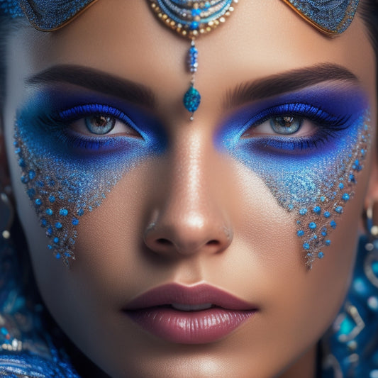 A mesmerizing, close-up portrait of a young woman's face, adorned with vibrant, swirling patterns of Asoka-inspired makeup, with shimmering silver and bold blue hues, set against a dark, gradient background.