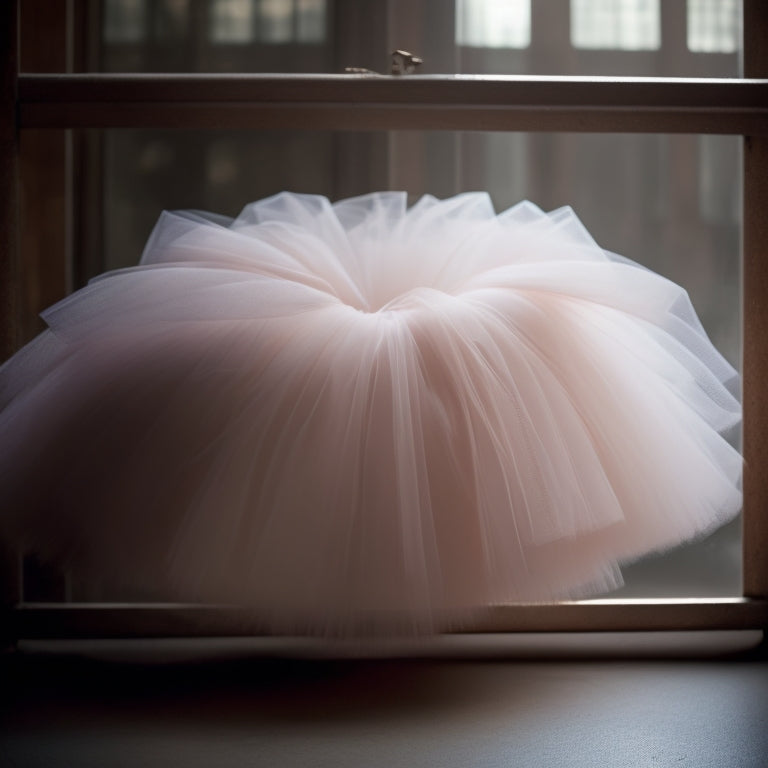 A delicate, pale pink tutu with layers of netting, subtly puffed out to conceal a dancer's lower body, set against a soft, muted background with warm, golden lighting.