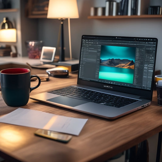 A cluttered desk with a slow laptop surrounded by editing software tabs, coffee cups, and scattered papers, contrasting with a sleek, high-performance laptop in the background, editing a vibrant video project.