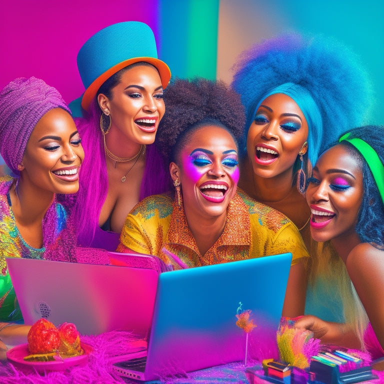 A vibrant, colorful illustration depicting a group of diverse friends, each with a unique makeup look, dancing and laughing together in a virtual studio, surrounded by laptops and makeup brushes.