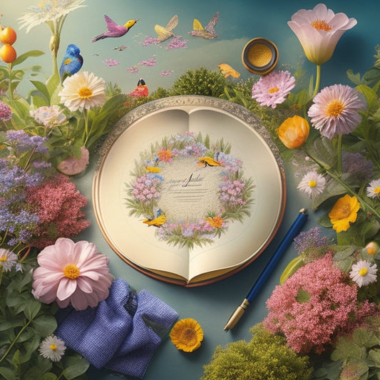 A whimsical illustration featuring a blooming garden with a notebook and pen at its center, surrounded by fluttering paper birds, and a subtle background of interconnected circles.