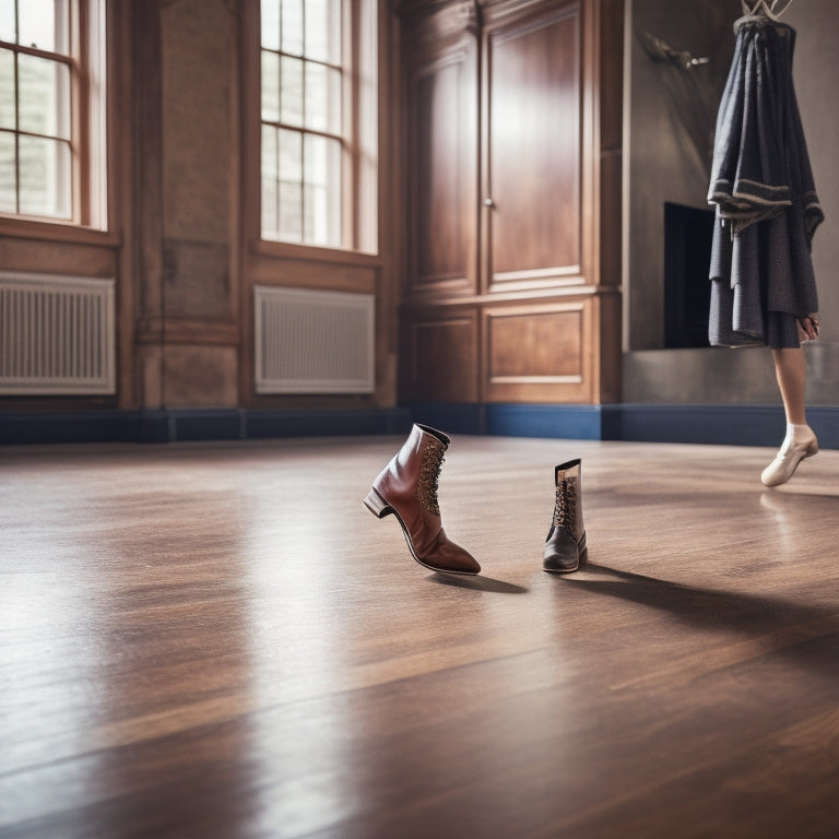 A wooden floor with scuff marks and a few scattered tap shoes, surrounded by various floor types (marble, carpet, concrete) with a single tap dancer's leg and foot in mid-air, poised to land.