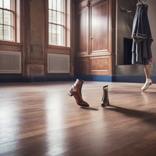 A wooden floor with scuff marks and a few scattered tap shoes, surrounded by various floor types (marble, carpet, concrete) with a single tap dancer's leg and foot in mid-air, poised to land.