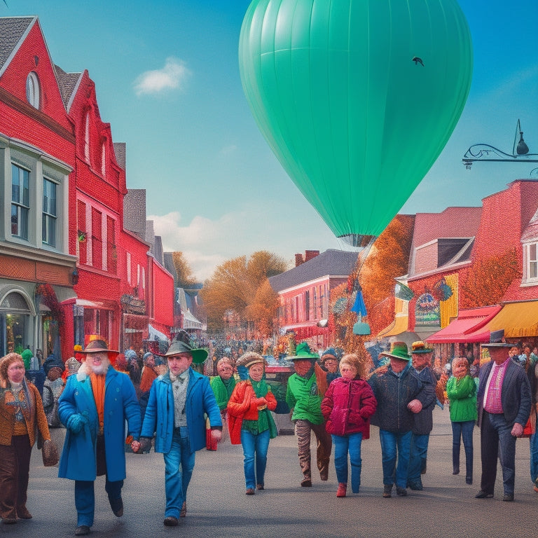 A vibrant illustration of a small town's main street decorated with green and orange balloons, shamrocks, and a giant leprechaun statue, surrounded by joyful people of all ages.