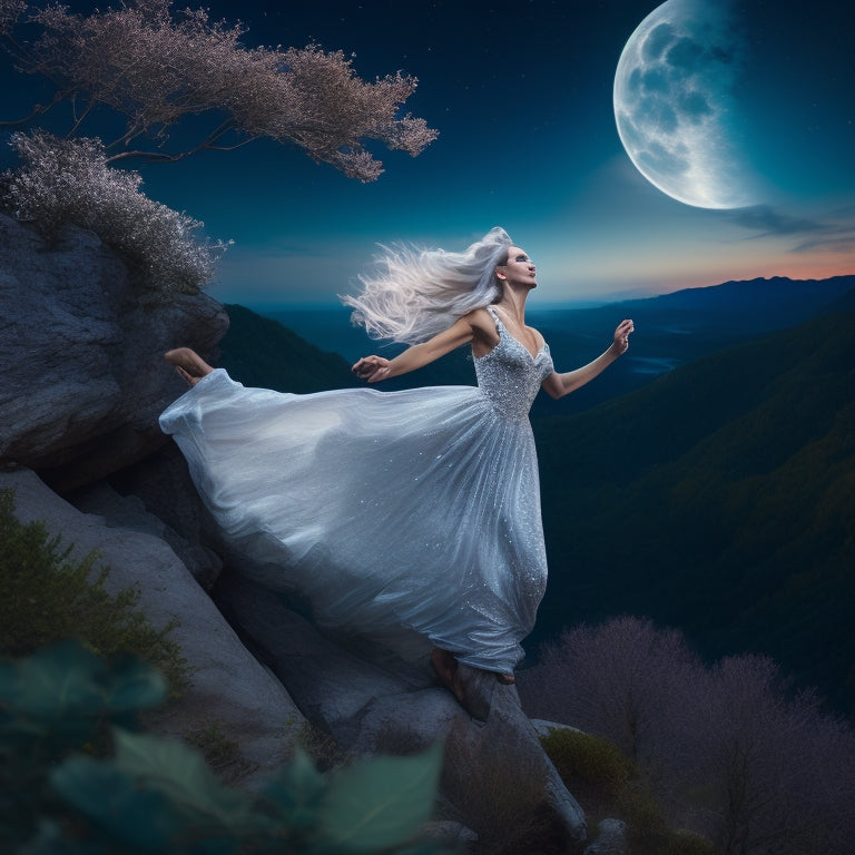 A whimsical illustration of a young woman with flowing silver hair, dancing on a moonlit cliff, surrounded by swirling leaves and wisps of wind, as a crescent moon glows bright behind her.