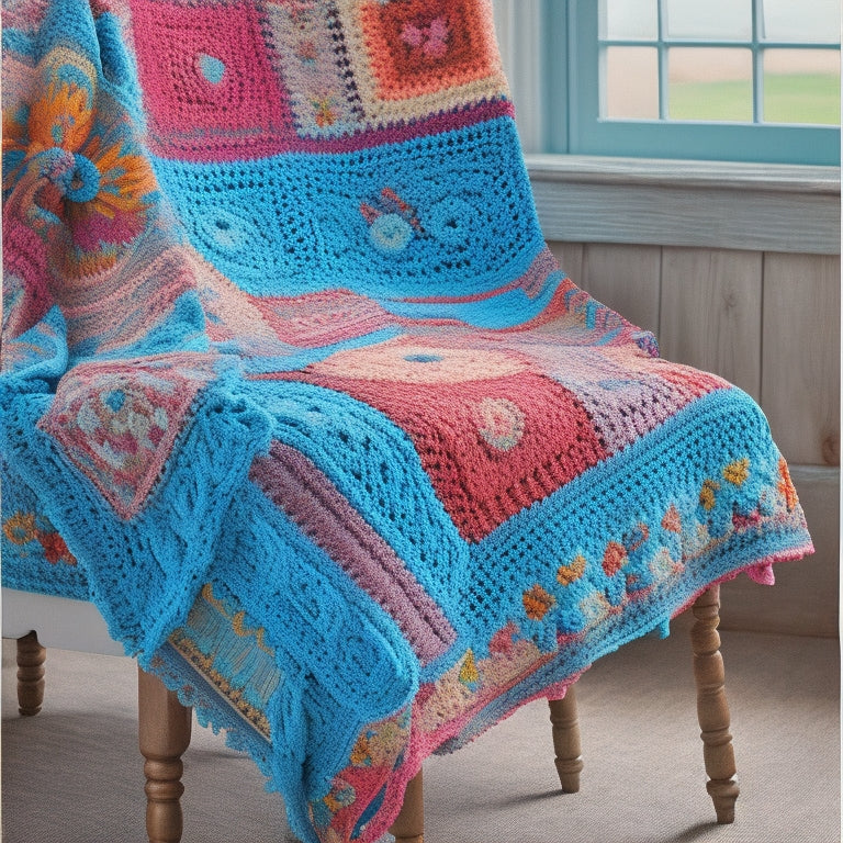 A vibrant, intricately crocheted blanket featuring sunburst granny squares in shades of turquoise, coral, and cream, draped elegantly over a rustic wooden chair or vintage quilt stand.