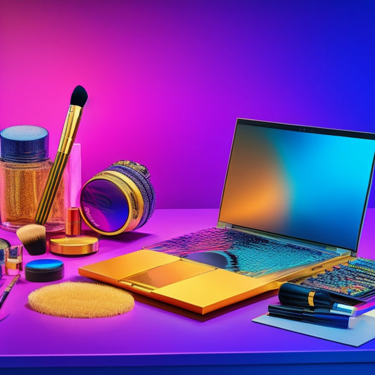 A colorful, vibrant illustration of a laptop open on a vanity, surrounded by makeup brushes, beauty products, and dance shoes, with a subtle background of a dance studio or stage.