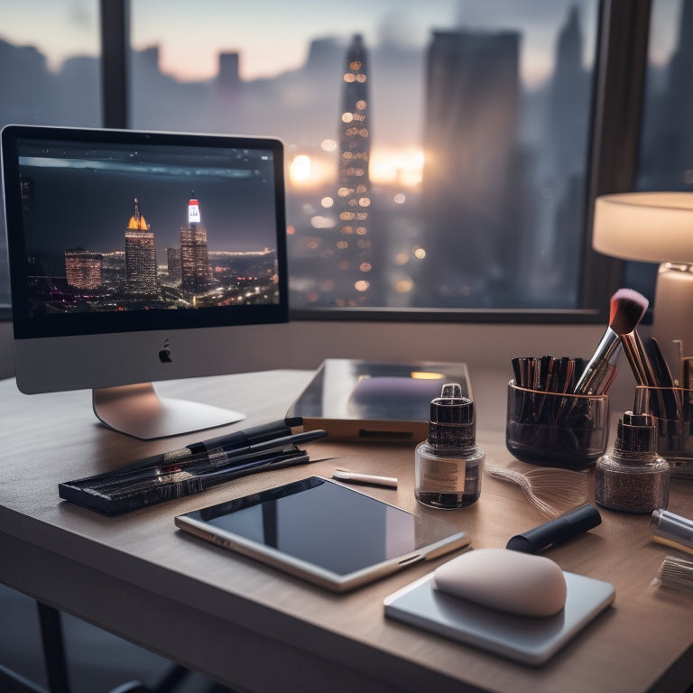 A clutter-free, minimalist desk with a sleek laptop, a smartphone, and a tablet, surrounded by makeup brushes, palettes, and a ring light, with a blurred-out cityscape in the background.