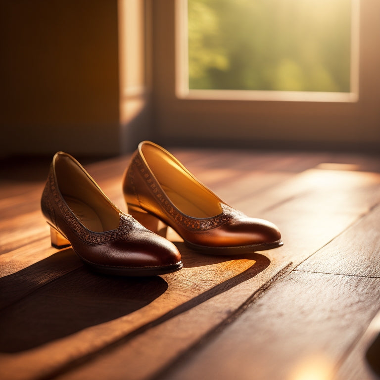 A close-up of elegant Irish dance shoes resting on a wooden floor, sunlight streaming through a window, highlighting the intricate stitching and soft leather, with a faint reflection showing a dancer's poised foot.