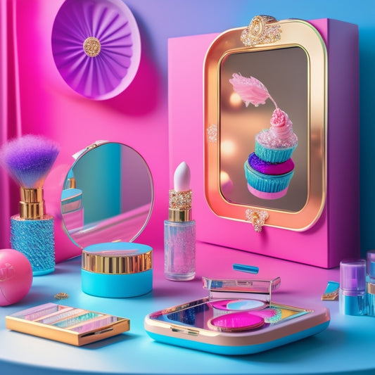 A whimsical, pastel-hued illustration featuring a makeup artist's vanity with digital tablets, colorful makeup palettes, and sparkling dance-inspired accessories, surrounded by swirling, shimmering lights.