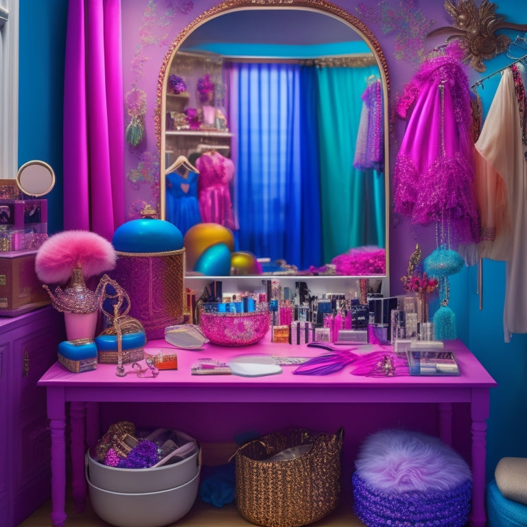 A whimsical illustration of a dancer's dressing room, with a vanity cluttered with makeup, jewelry, and hair accessories, surrounded by discounted dance costumes in shades of pink, purple, and blue.