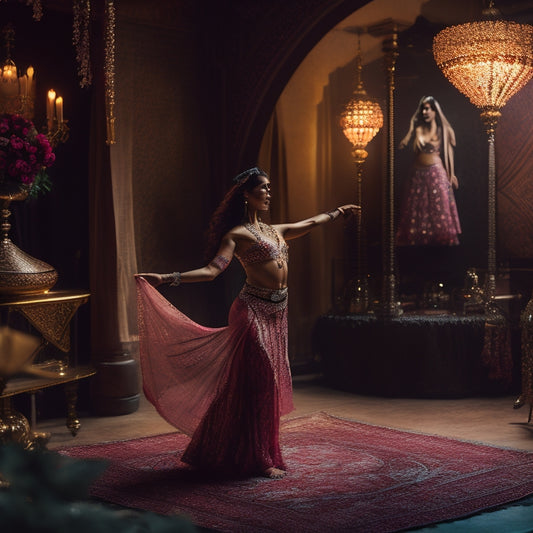 A serene, dimly lit dance studio with a lone belly dancer in mid-pose, surrounded by scattered rose petals, intricately patterned fabrics, and a few strategically placed Middle Eastern instruments.