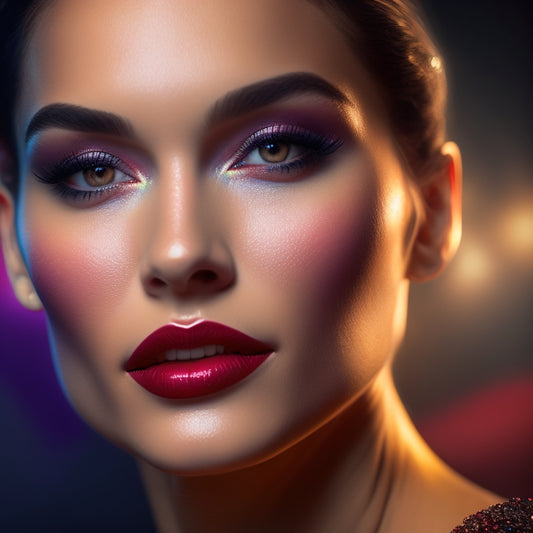 A spotlight shines on a dancer's face, with vibrant, bold makeup: shimmering eyeshadow, flawless foundation, and bold, red lips, set against a dark, misty background with subtle stage lights.