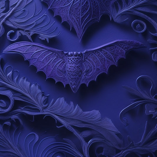 A dark blue background with a whimsical, hand-drawn bat silhouette in the center, surrounded by swirling, curved quilting lines resembling a spooky dance, in shades of purple and silver.