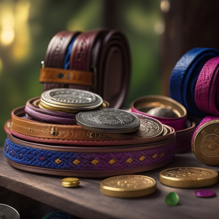 A stylish array of colorful coin belts draped elegantly over a wooden table, showcasing various textures and patterns, with shiny coins spilling from one belt, set against a soft, blurred background of greenery.