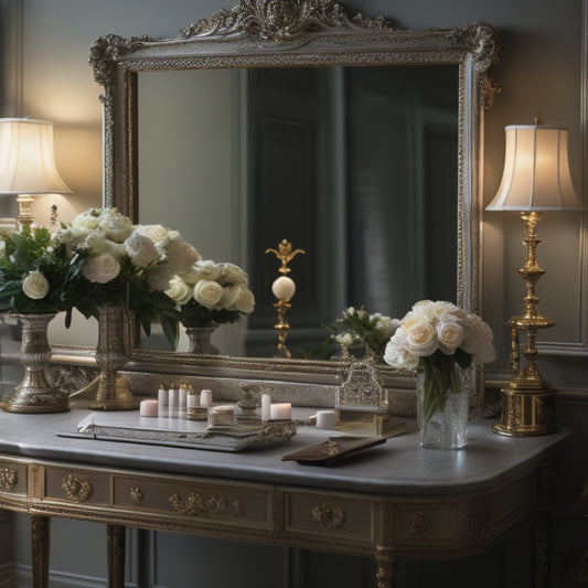 A serene, well-lit beauty studio with a elegant, ornate mirror, a neatly organized makeup station, and a few strategically placed, delicate flowers, evoking a sense of luxury and professionalism.