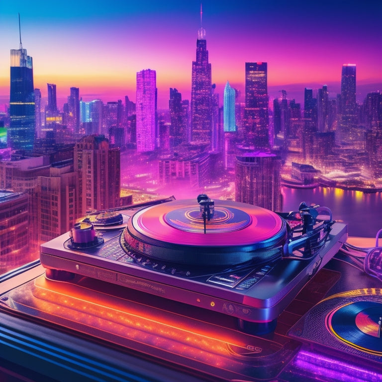 A vibrant illustration of a DJ's turntable surrounded by headphones, vinyl records, and CDs, set against a cityscape background with neon lights reflecting urban hip-hop culture.