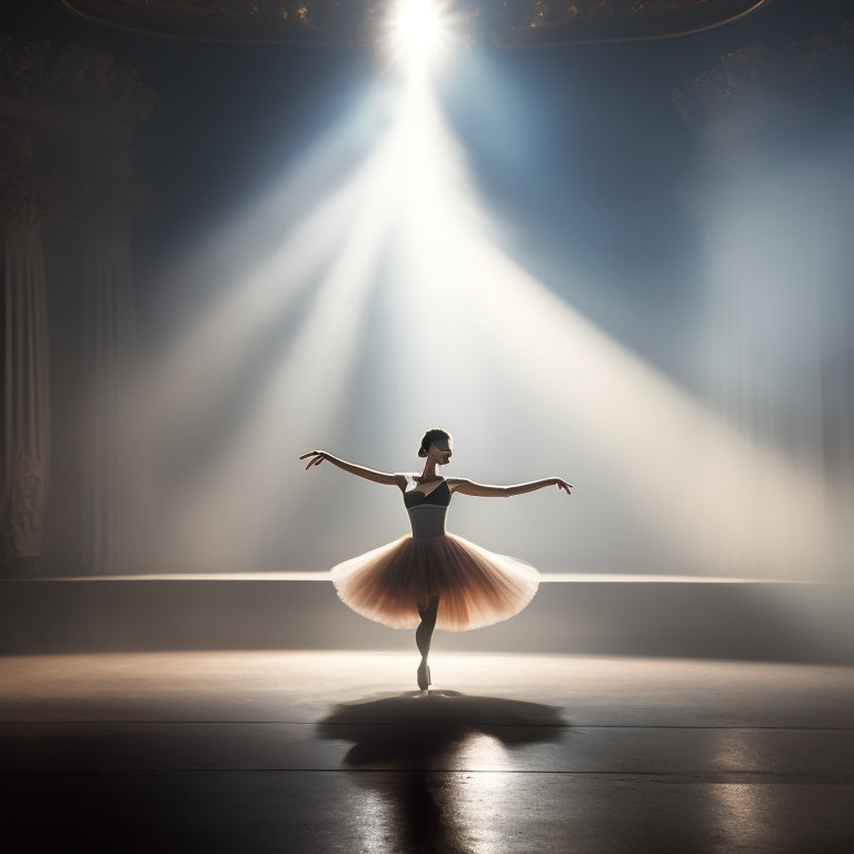 A spotlight shines on a solo dancer, posed in grand jeté, surrounded by blurred, darkened theater seats, with a subtle, shimmering stage curtain and a hint of misty atmosphere.