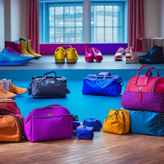 A vibrant dance studio scene featuring a variety of stylish duffle bags in different colors and patterns, elegantly arranged on a wooden floor, with dance shoes and costumes scattered nearby, capturing the essence of competition readiness.