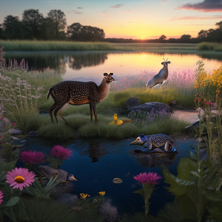 A vibrant illustration of a swampy meadow at sunset, with diverse animals (e.g., birds, frogs, deer) gathered around a makeshift outdoor stage, surrounded by colorful flowers and lush greenery.