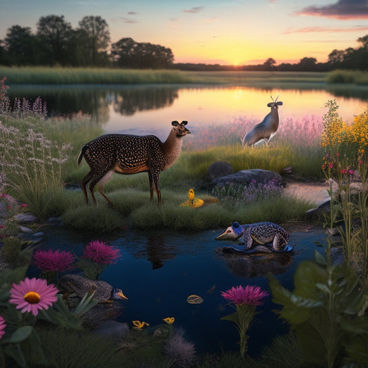 A vibrant illustration of a swampy meadow at sunset, with diverse animals (e.g., birds, frogs, deer) gathered around a makeshift outdoor stage, surrounded by colorful flowers and lush greenery.